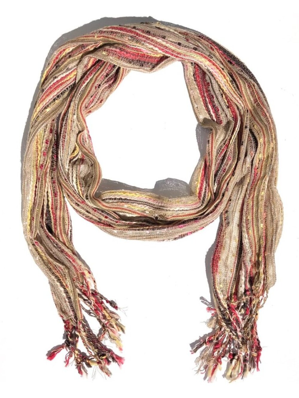Womens Open Weave Rectangular Scarf Metallic Shimmer Boho Fringe tan red gold